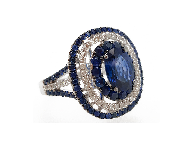 18K Double Halo Sapphire & Diamond Ring :: Legend Jewelers