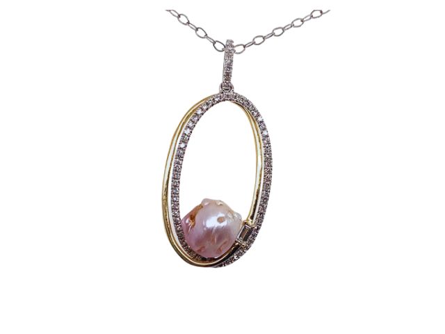 14K Two-Tone Baroque Concho Pearl Double Oval Necklace 1
