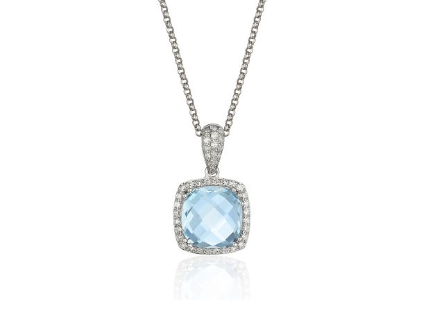 14K Icy Blue Topaz & Diamond Halo Pendant