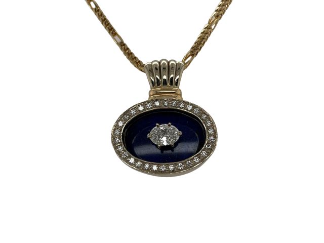 14K 1/2 Carat Oval Diamond Lapis Shadowbox Necklace 