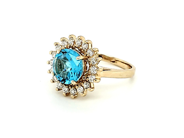 14K Lone Star Cut Blue Topaz and Diamond Ring