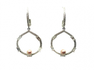 Diamond Pave and Baguette Concho Pearl Earrings