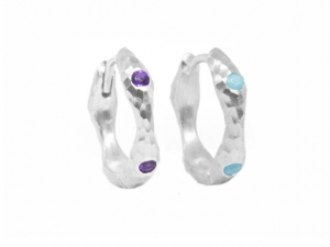 Sterling Silver Forged 16MM Reversible Amethyst & Turquoise Huggies
