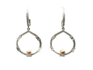 Diamond Pave and Baguette Concho Pearl Earrings 1