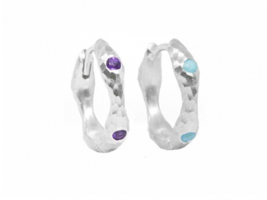 Sterling Silver Forged 16MM Reversible Amethyst & Turquoise Huggies 1